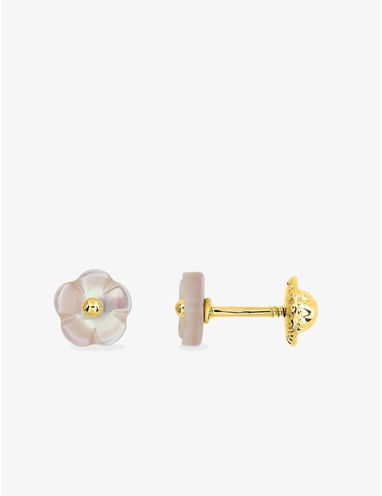 Boucles D'Oreilles Enfant Nacre Fleur Or Jaune 9 Carats - Coffret Cadeau Avec Certificat - Mondepetit