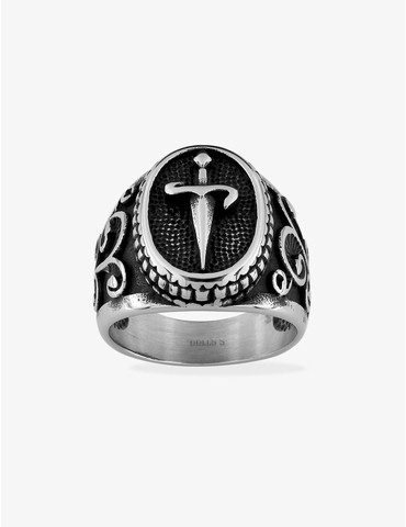Bague acier gris, motif dague
