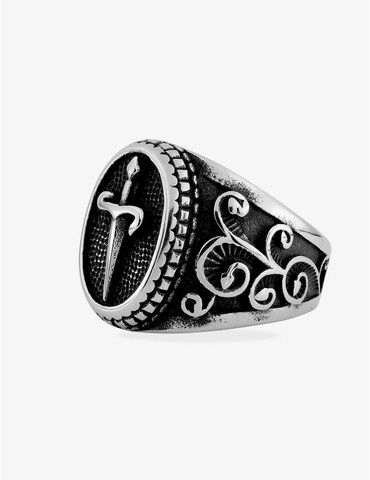 Bague acier gris, motif dague