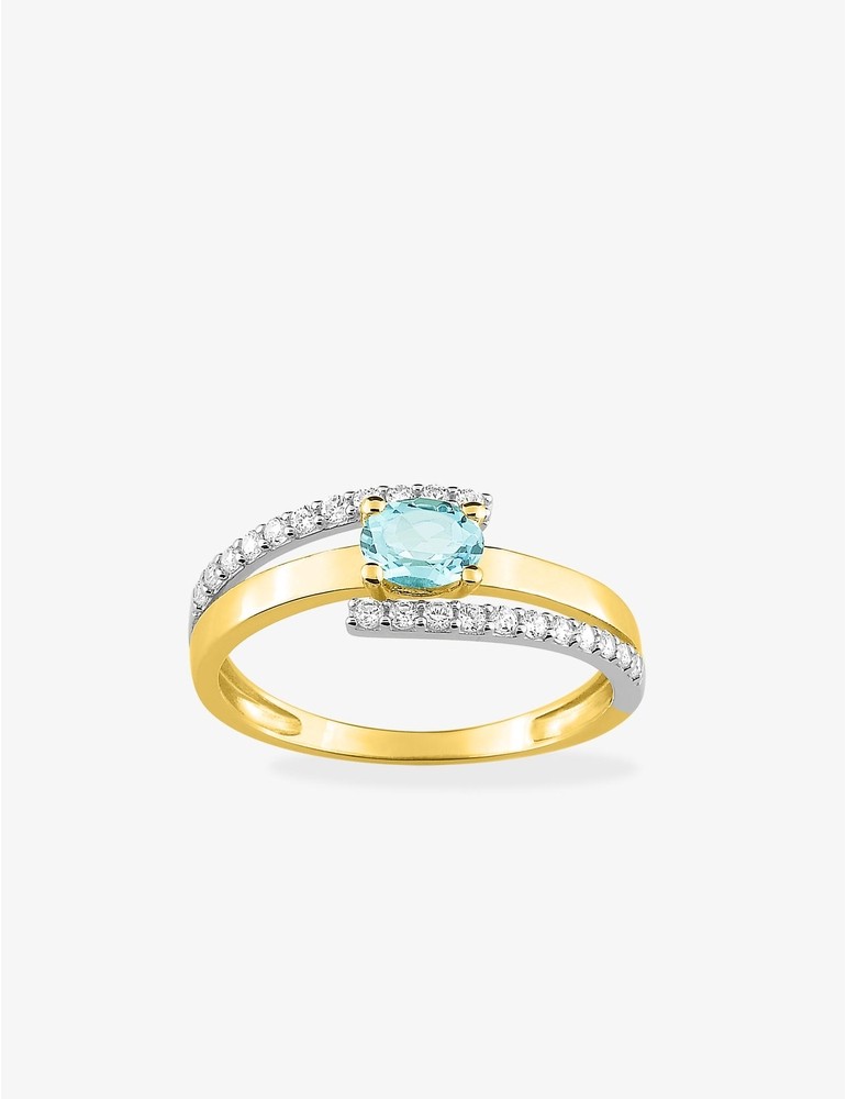 Bague or jaune 375‰, aigue-marine, oxyde de zirconium