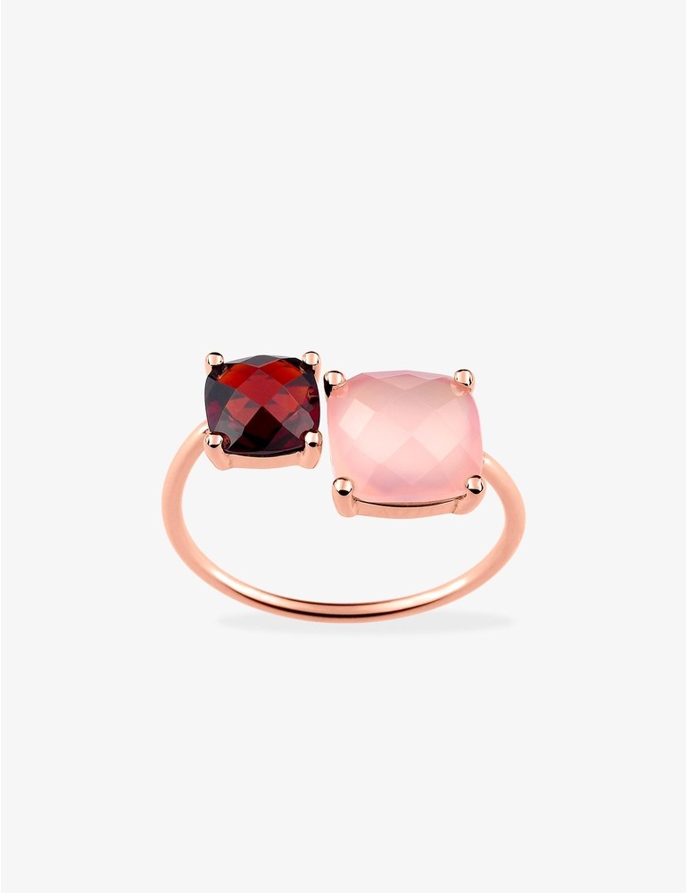 Bague or rose 750 ‰ grenat et calcédoine rose