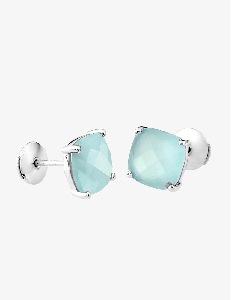 Boucles d'oreilles clous or blanc 750 ‰ calcédoine bleue