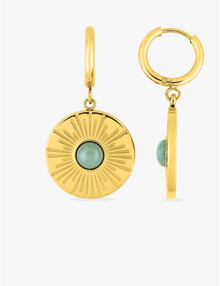 Boucles d'oreilles fantaisie ronde acier doré, agate verte