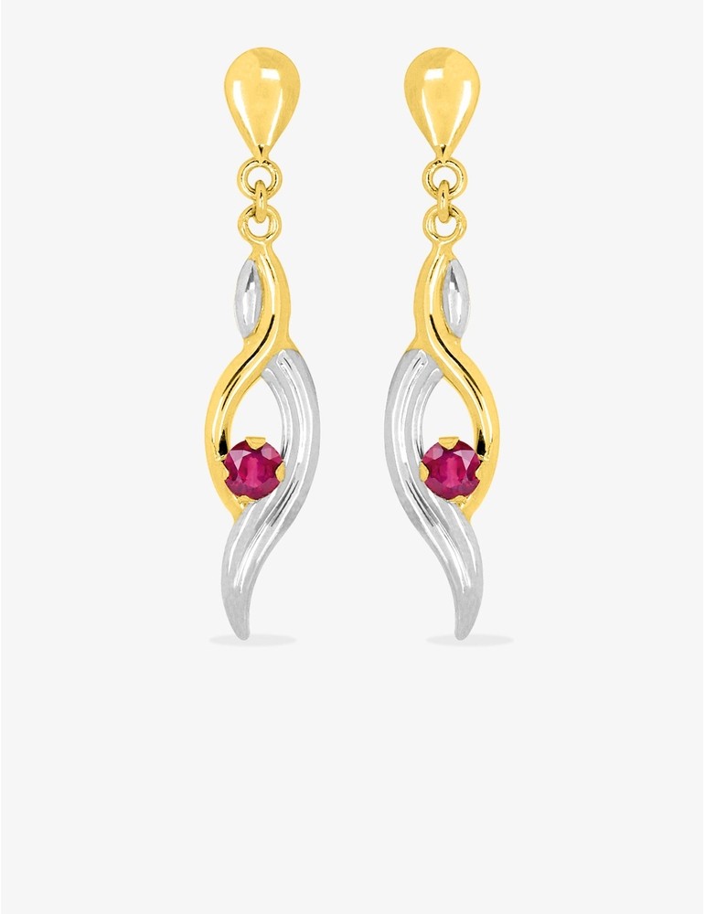 Boucles d'oreilles pendantes or jaune 750 ‰, rubis et rhodium